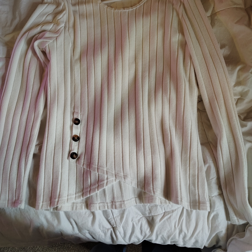 Striped Cream Long Sleeve Top with Button Detail